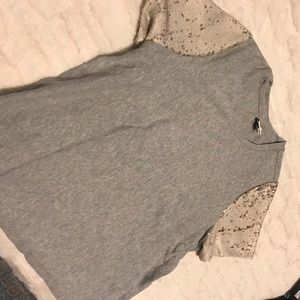 Grey t-shirt with gold and white sequin sleeves